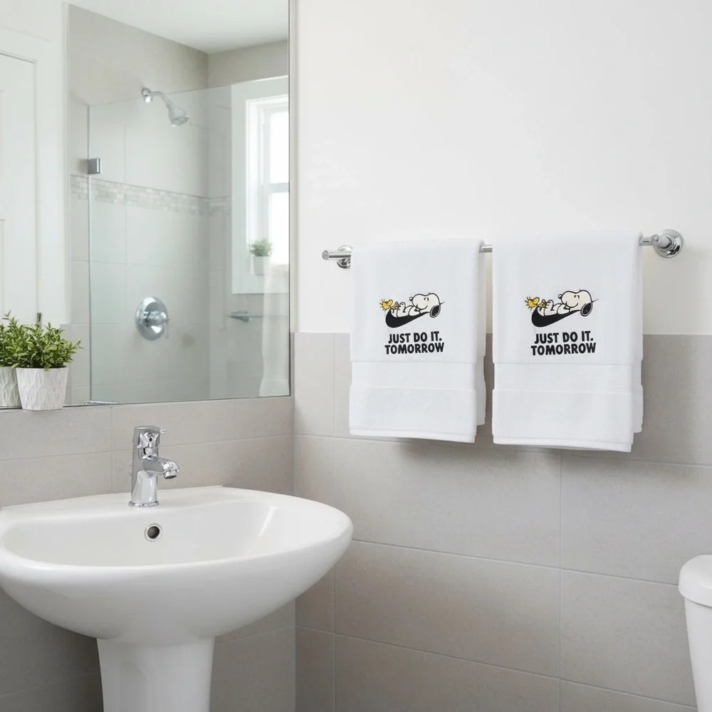 Hand Snoopy Peanuts Embroidered 2 hand towels l White Just do it tomorrow